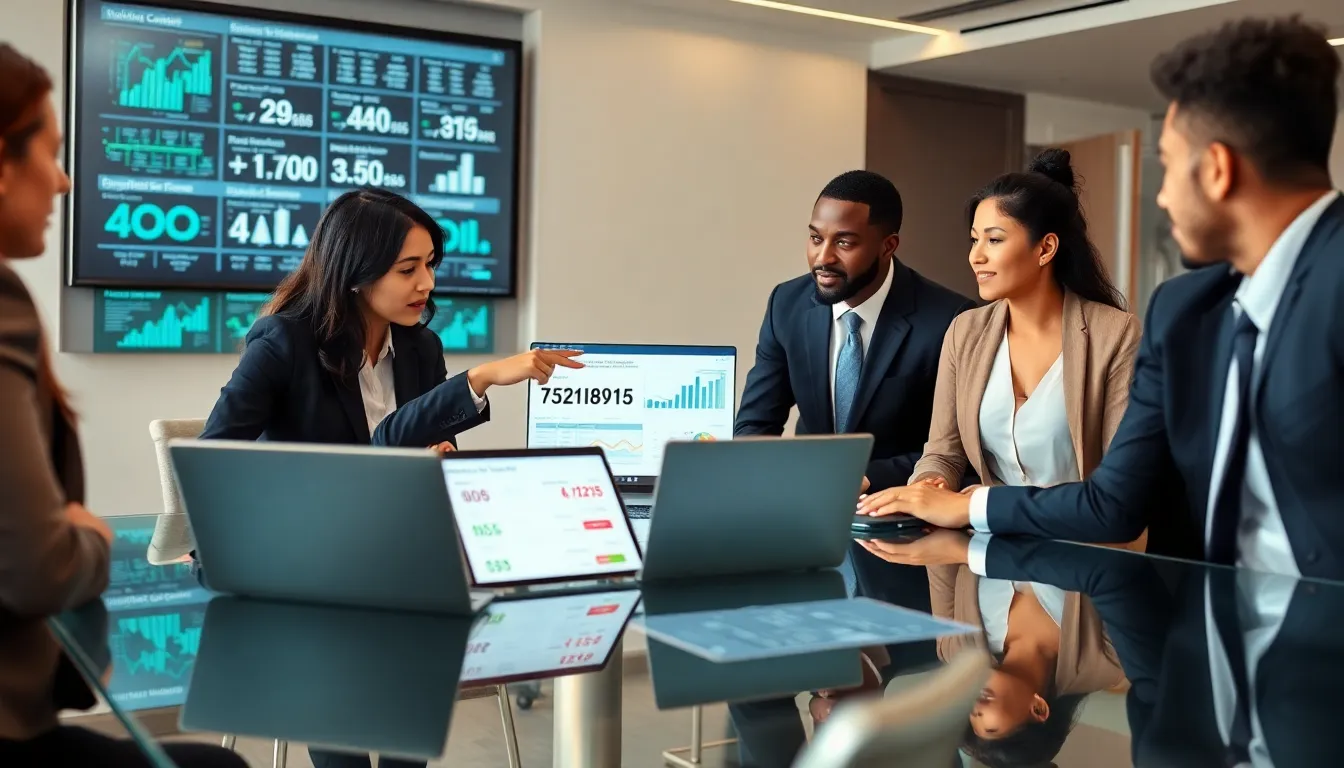 diverse professionals discussing telecommunications applications at a modern office.
